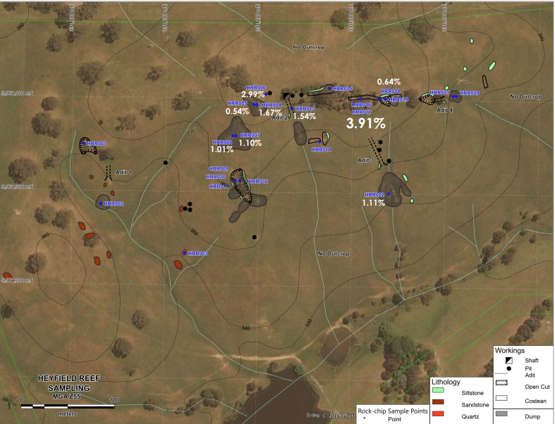 Rock sample locations with elevated Sb%