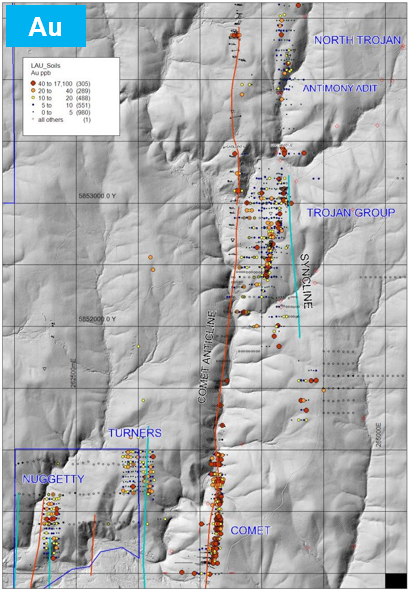 Gold soil anomalies extending along a +4.5km trend across Comet and Trojan prospects