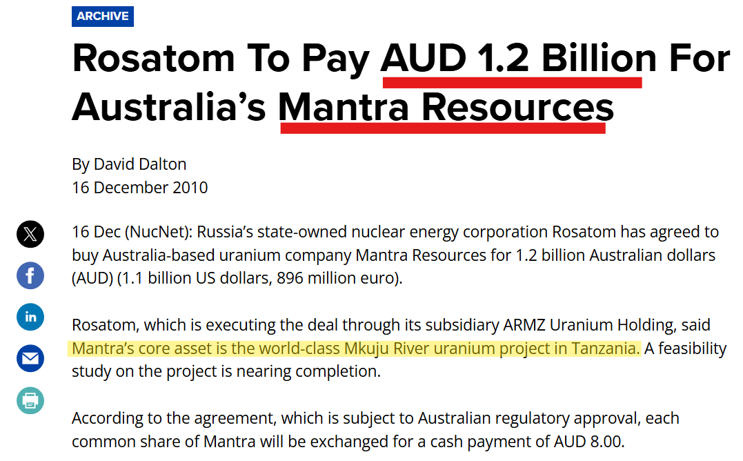Rosatom subsidiary acquires Mantra Resources for A$1.2bn