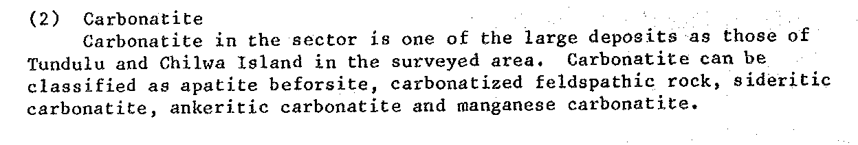 Report excerpt from the Kangankunde chapter: carbonatite in the sector is one of the large deposits as those of Tundulu and Chilwa Island