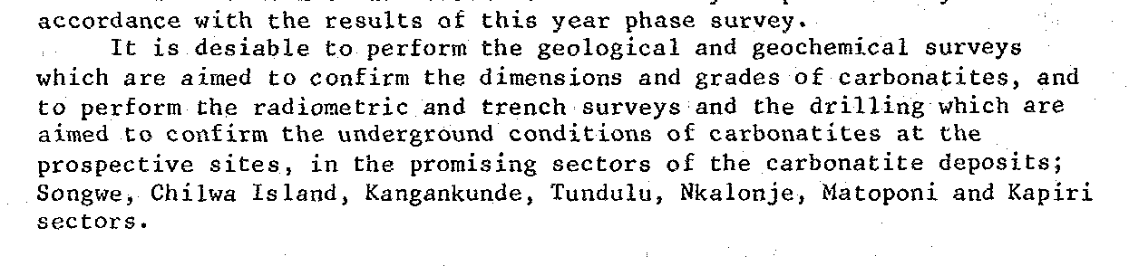 Report excerpt: recommendation to perform radiometric and trench surveys and drilling at the promising sectors including Tundulu