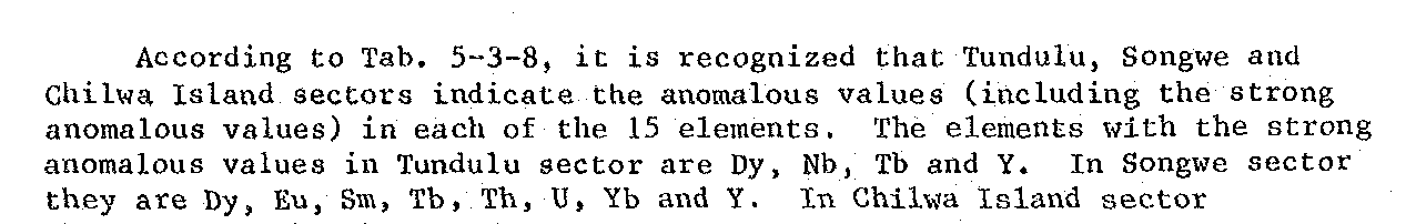 Report excerpt: the elements with strong anomalous values in Tundulu sector are Dy, Nb, Tb and Y