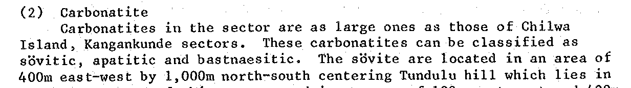 Report excerpt from the Tundulu chapter: carbonatites in the sector are as large as those of Chilwa Island and Kangankunde sectors