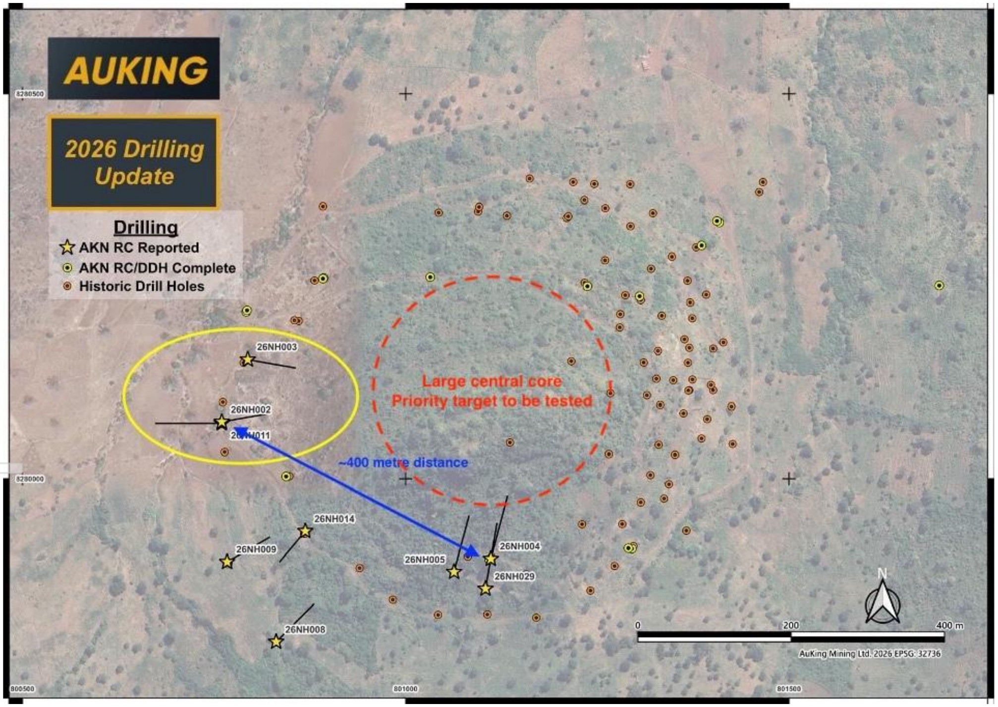 Plan view of Nathace Hill showing the western step-out drill holes about 400 metres west of the first batch, and AuKing’s central core target to the north of the first batch