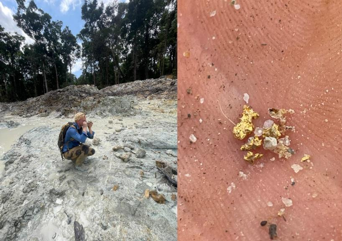 Mapping of exposed outcrop and coarse angular visible gold from artisanal mines