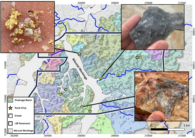 Oko North map showing rock chip sample locations, workings and drainage basins